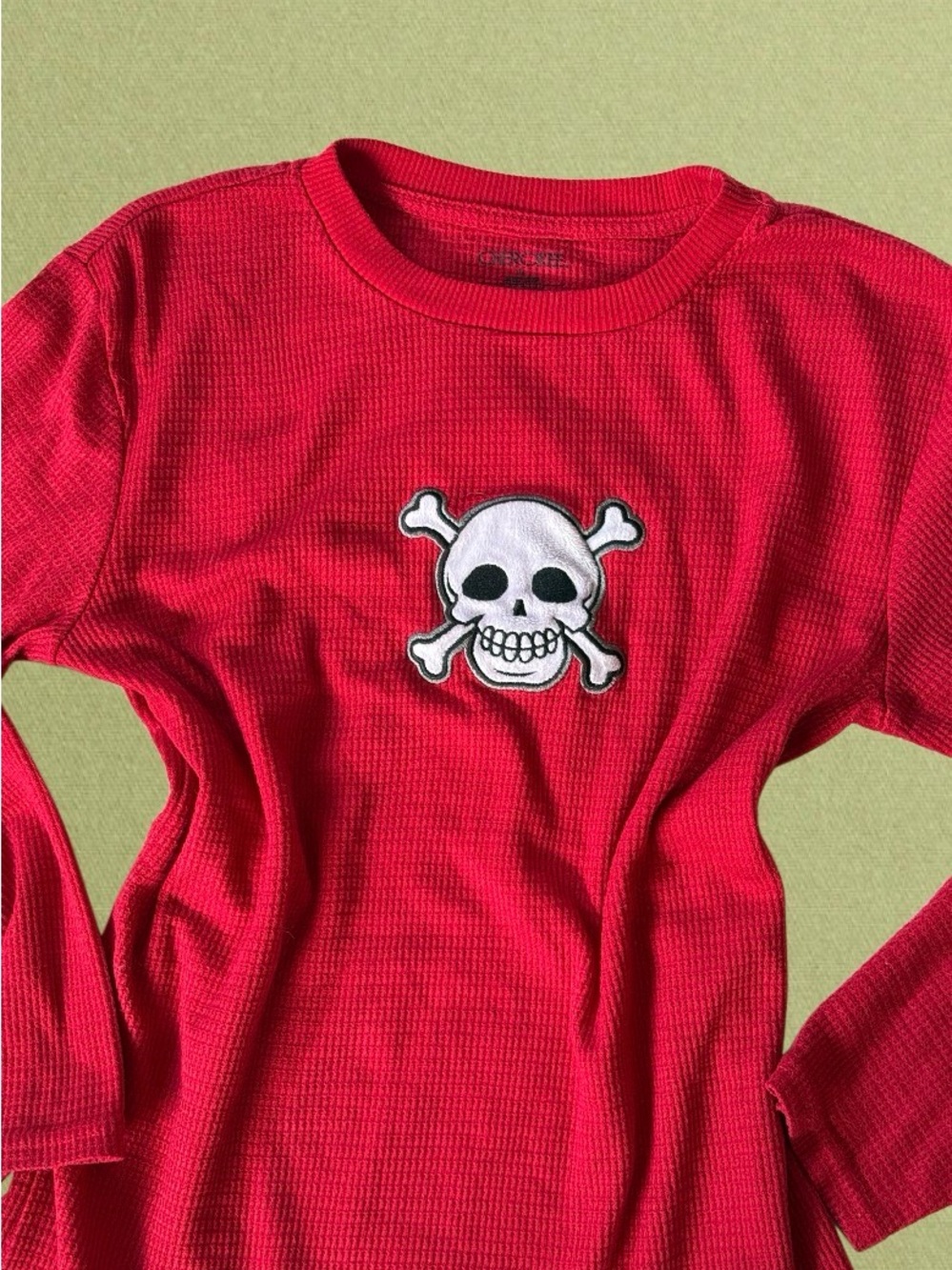 Cherokee Red Long-Sleeve Waffle Knit Tee with Skull Patch